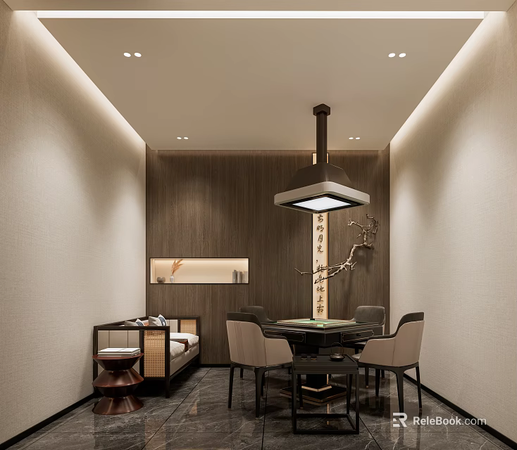 Hotel Mahjong Room Traditional Chinese Style Interior With Wooden Wall Hanging Lamp And Round Table 3d model 