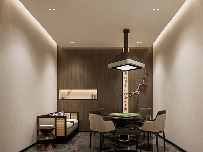 Hotel Mahjong Room Traditional Chinese Style Interior With Wooden Wall Hanging Lamp And Round Table 3d model