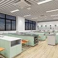 Modern School Kitchen Classroom Interior Setup With Spacious Countertops Appliances Display Screens And Cabinets