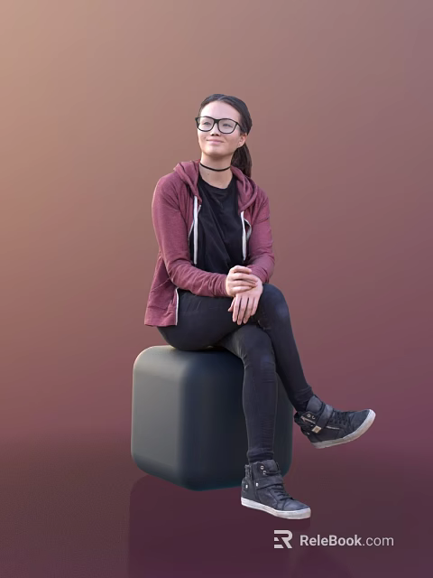 Young Woman Sitting On Cube Wearing Maroon Hoodie Black Tshirt Black Pants And Sneakers 3d model 