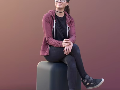 Young Woman Sitting On Cube Wearing Maroon Hoodie Black Tshirt Black Pants And Sneakers 3d model