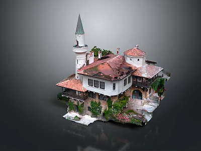 Traditional Building With Pointed Tower Red Roof White Walls And Lush Greenery 3d model