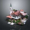 Traditional Building With Pointed Tower Red Roof White Walls And Lush Greenery