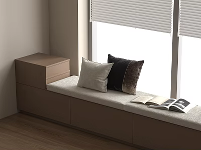 Modern Window Seat With Upholstered Cushion Pillows Drawer Cabinet Blinds And Open Magazine 3d model