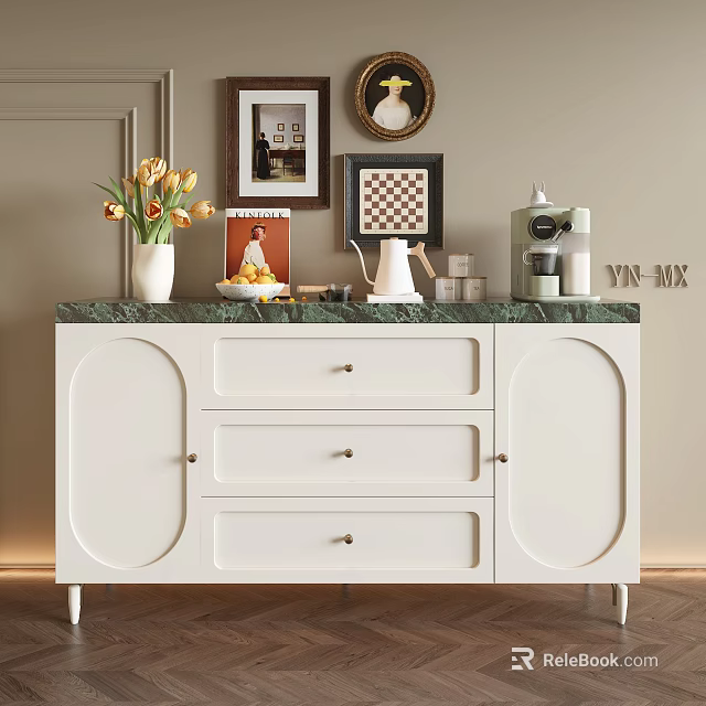 Elegant Modern Entryway Console Cabinet With Green Countertop Tulip Vase Fruit Bowl And Coffee Machine 3d model 