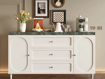 Elegant Modern Entryway Console Cabinet With Green Countertop Tulip Vase Fruit Bowl And Coffee Machine 3d model