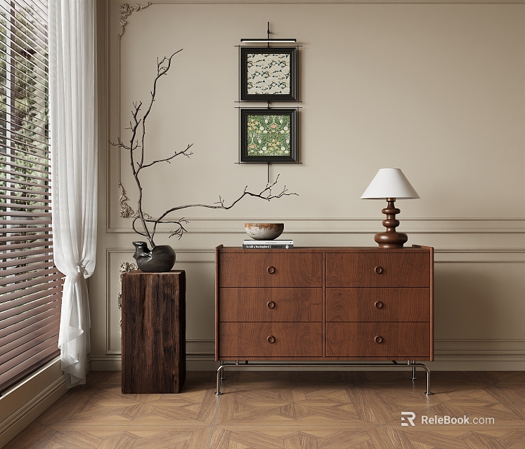 Stylish Leisure Chair With Beige Wall Wooden Floor Window Blinds Twig Decoration And Table Lamp 3d model 