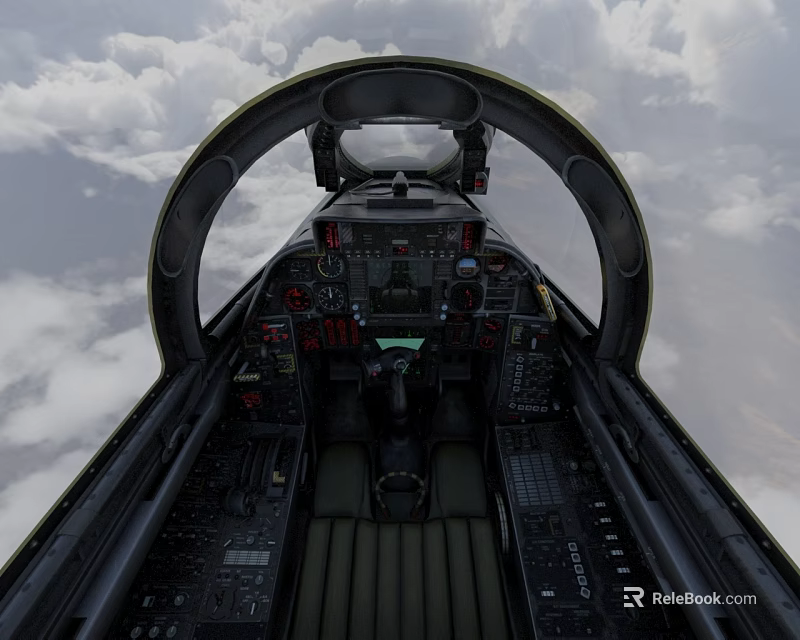 Fighter Jet Cockpit Interior with Dashboard Controls and Cloudy Sky View During Flight 3d model