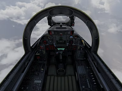 Fighter Jet Cockpit Interior with Dashboard Controls and Cloudy Sky View During Flight 3d model