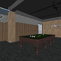 Wooden Desks In Billiard Room With Dark Carpet And Ceiling Lights