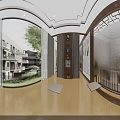 Chinese Style Corridor Interior With Wooden Structure Green Plants And Benches