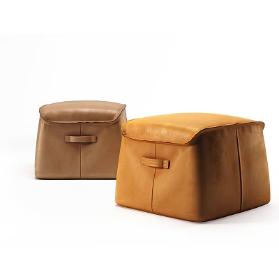 Leather Ottoman Stools in Brown and Tan with Square Shape Handle and Stitch Details 3d model