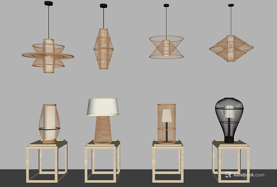 Modern Pendant and Table Lamp Combinations with Geometric Designs and Wooden Bases 3d model 