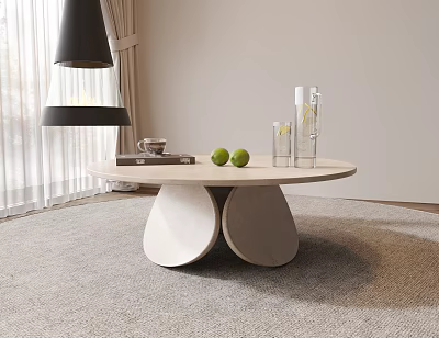 Modern Round Marble Coffee Table With Double Curved Base And Green Apples On Glass Tray 3d model