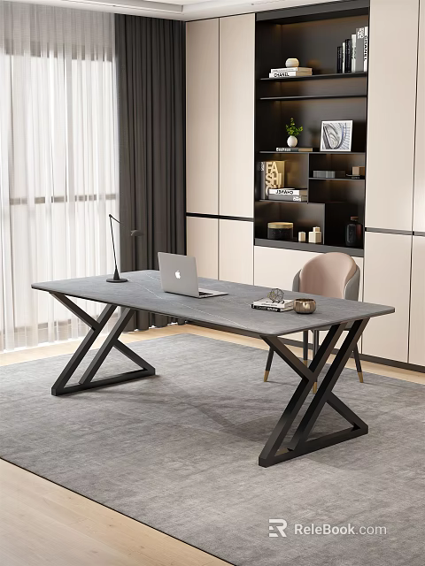 Modern Office Desk With Gray Tabletop Black Cross Legs Laptop And Desk Lamp 3d model 
