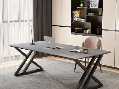 Modern Office Desk With Gray Tabletop Black Cross Legs Laptop And Desk Lamp 3d model
