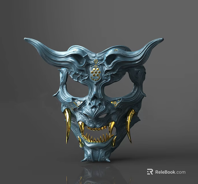 Character Mythical Creature Mask Blue Gray Skull Design With Golden Horns And Sharp Fangs 3d model 