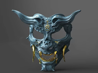 Character Mythical Creature Mask Blue Gray Skull Design With Golden Horns And Sharp Fangs 3d model