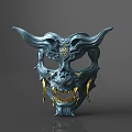 Character Mythical Creature Mask Blue Gray Skull Design With Golden Horns And Sharp Fangs