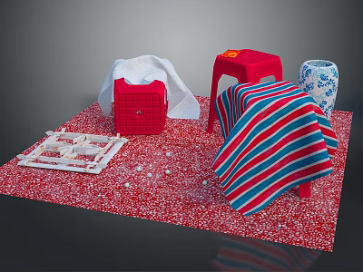 Red Stool With Striped Blanket White Towel And Blue White Vase On Red Dotted Mat 3d model