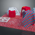 Red Stool With Striped Blanket White Towel And Blue White Vase On Red Dotted Mat