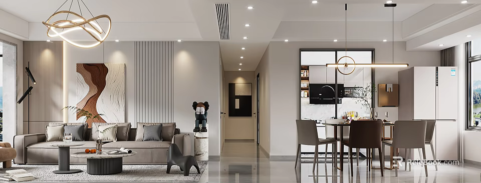 Modern Living And Dining Room Interior With Sofa Dining Table Pendant Light And Decorative Sculpture 3d model 
