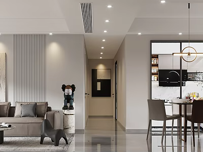 Modern Living And Dining Room Interior With Sofa Dining Table Pendant Light And Decorative Sculpture 3d model