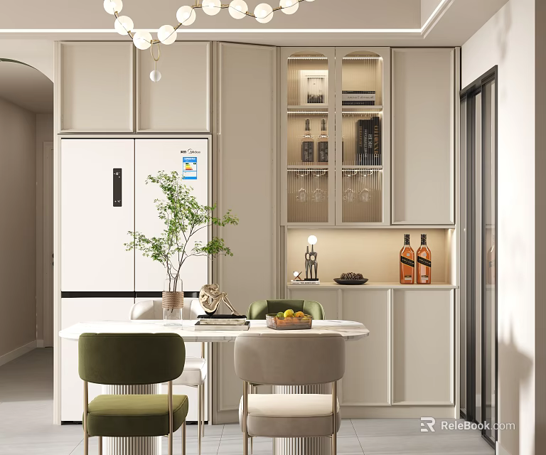 Modern White Sideboard With Glass Display Cabinet Dining Table Chairs Green Plant And Wine Glasses 3d model 