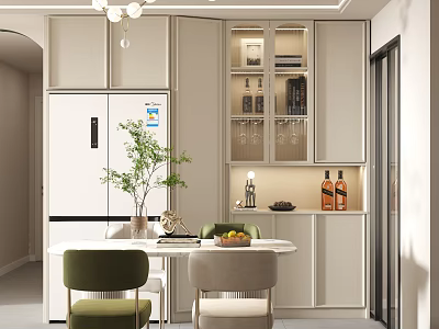 Modern White Sideboard With Glass Display Cabinet Dining Table Chairs Green Plant And Wine Glasses 3d model