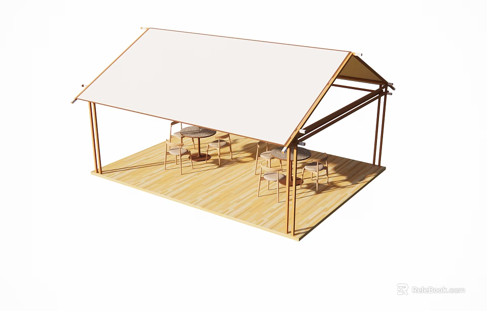 Outdoor Tent Setup With Wooden Deck Tables And Chairs For Camping 3d model 