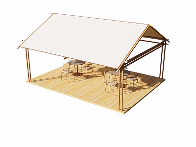 Outdoor Tent Setup With Wooden Deck Tables And Chairs For Camping 3d model