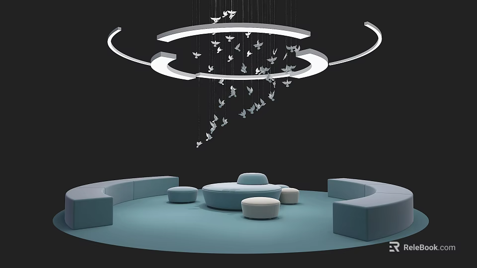 Illuminated Circular Art Installation With Hanging Bird Models And Blue Seating 3d model 