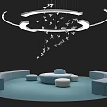 Illuminated Circular Art Installation With Hanging Bird Models And Blue Seating