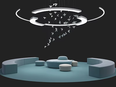 Illuminated Circular Art Installation With Hanging Bird Models And Blue Seating 3d model