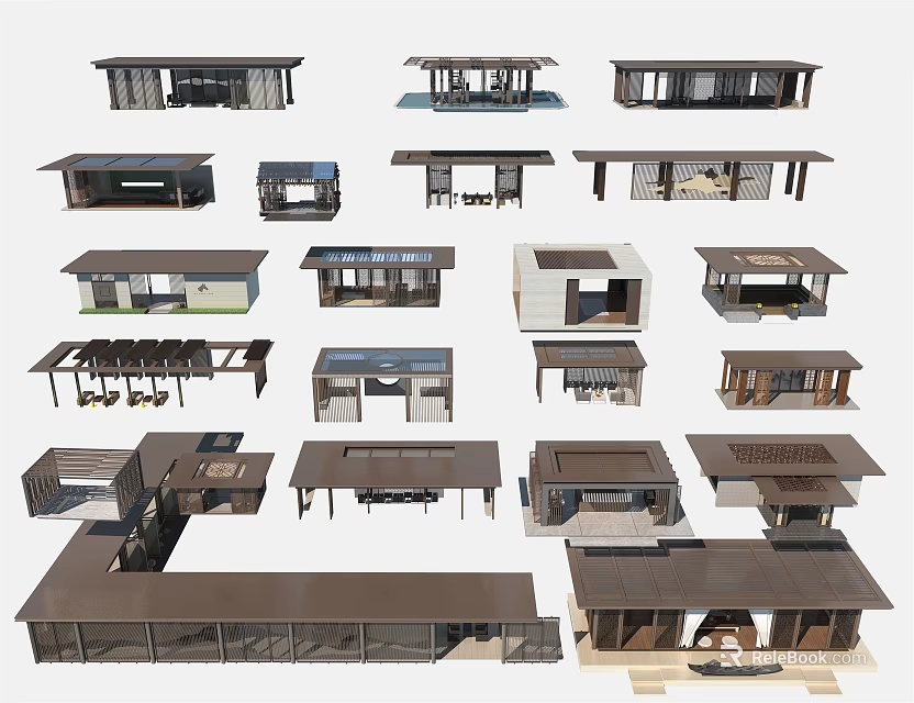 Various Outdoor Architectural Models With Different Pavilion And Rest Area Designs 3d model