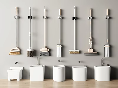 Bathroom Small Accessories With Wall Mounted Mops Brushes And Cleaning Buckets 3d model