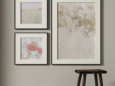 Three Abstract Paintings Hanging On Interior Wall With Textured Neutral Tones And Wooden Stool 3d model