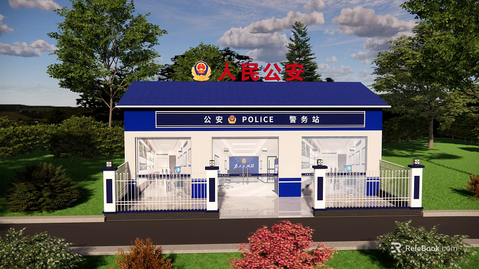 Police Station Architectural Components With Blue Roof White Walls Glass Windows And Fence 3d model 