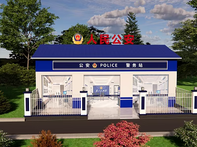Police Station Architectural Components With Blue Roof White Walls Glass Windows And Fence 3d model
