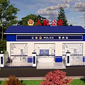 Police Station Architectural Components With Blue Roof White Walls Glass Windows And Fence