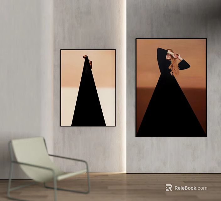 Two Portrait Paintings With Black Dresses On Warm Toned Backgrounds And Light Colored Chair 3d model 