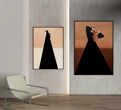Two Portrait Paintings With Black Dresses On Warm Toned Backgrounds And Light Colored Chair 3d model