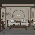 Chinese Style Living Room With Wooden Sofa Coffee Table Circular Decorative Wall And Wall Lamps