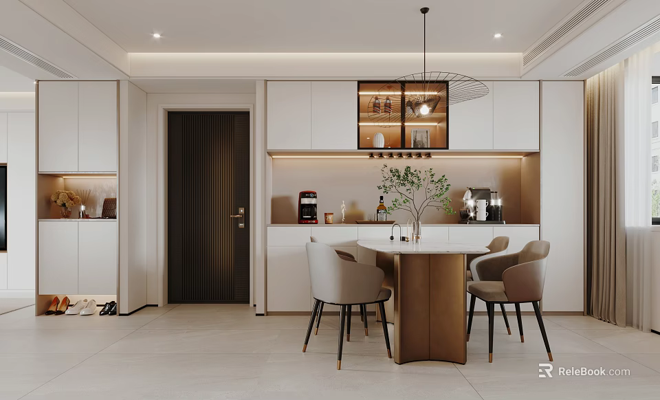 Elegant Modern Restaurant Interior With Marble Dining Table Comfortable Chairs And Pendant Lighting 3d model