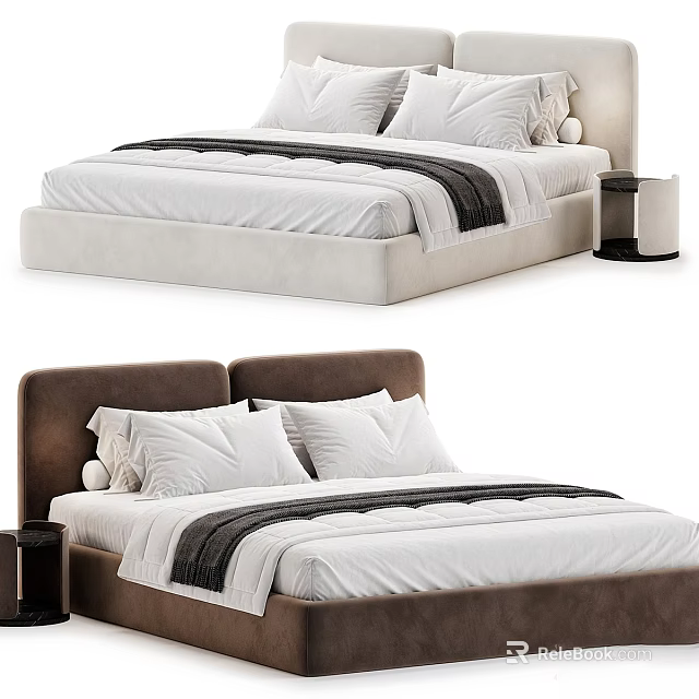 Modern Double Bed Featuring Light And Dark Headboard White Bedding Black Runner 3d model