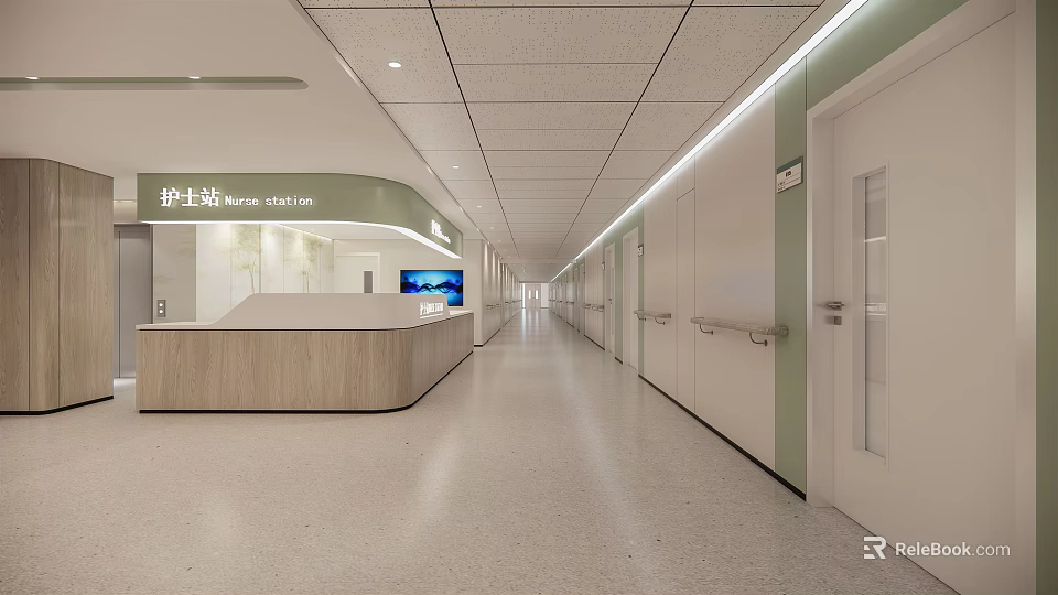 Clean Modern Hospital Outpatient Clinic Interior With Nurse Station Corridor And Reception Desk 3d model 