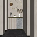 Modern Console Table with Circular Mirrors and Decorative Items on Textured Wall 3d model