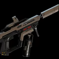 Futuristic Tactical Weapon With Ergonomic Grip Metallic Finish And Red Accents