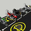 Motorcycles Parked in Designated Parking Area with White Lines and Concrete Blocks