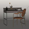 Modern Wooden Desk With Metal Frame Leather Chair Books And Decorative Items